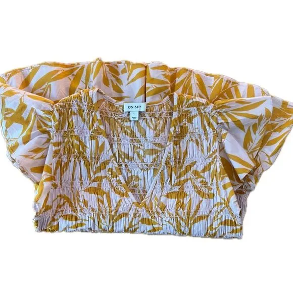 On 34th Cap Sleeve Tropical Peplum Top Pink Yellow Size Large for Macy's - Picture 6 of 9